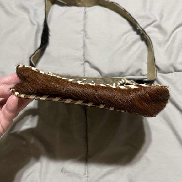 Womens Small Pony Cowhide Handmade Leather Black & Brown White Stitch Bag 7X7 - Picture 3 of 9